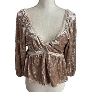 Entro Champagne Crushed Velvet Ruffle Twist Babydoll Top Size M Pleated Peplum